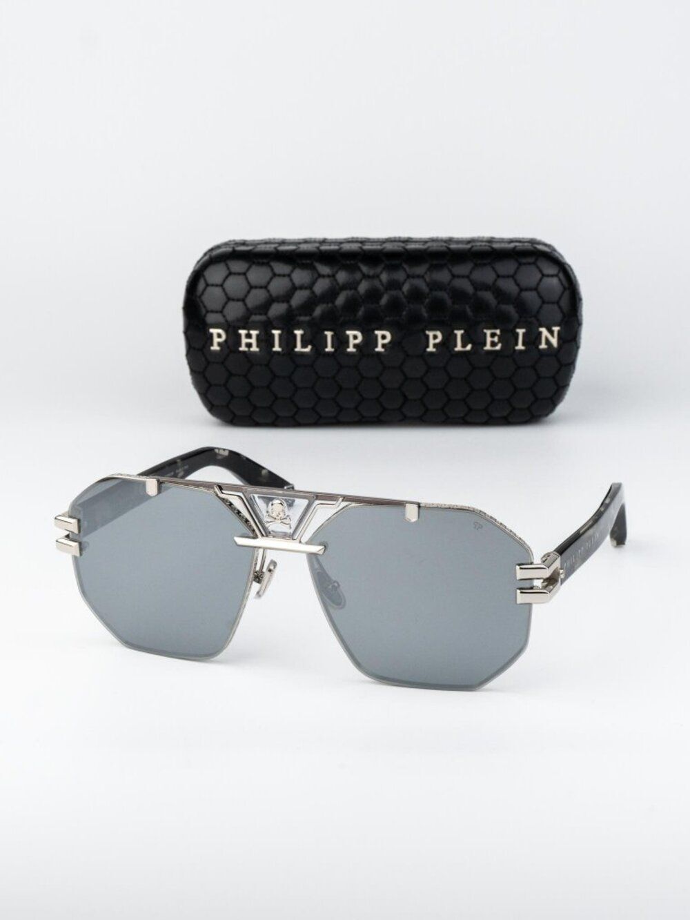 Philipp Plein Men Sunglasses Palladium Smoke Silver Mirror Pilot SPP077V 523X